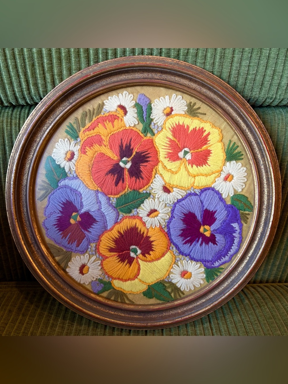 Vintage Large Round Framed Pansy Flowers Finished Crewel Embroidery Wall Art